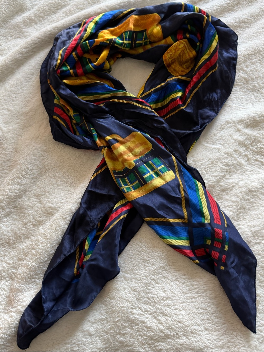 Navy Multicolor 100% Silk  Scarf with Gold Accent